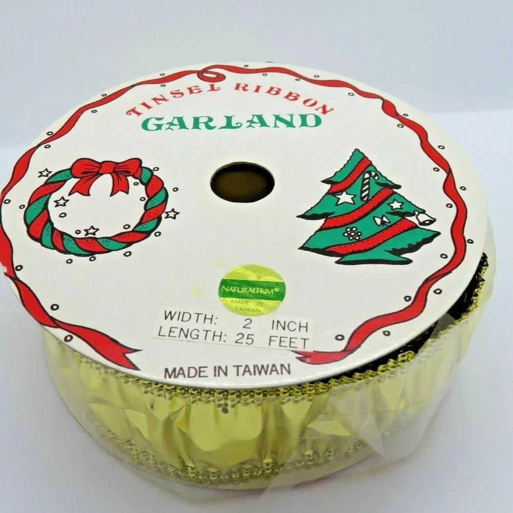 Vintage Gold Tinsel Ribbon Garland 2 inch Width 25 feet Length Taiwan Sealed